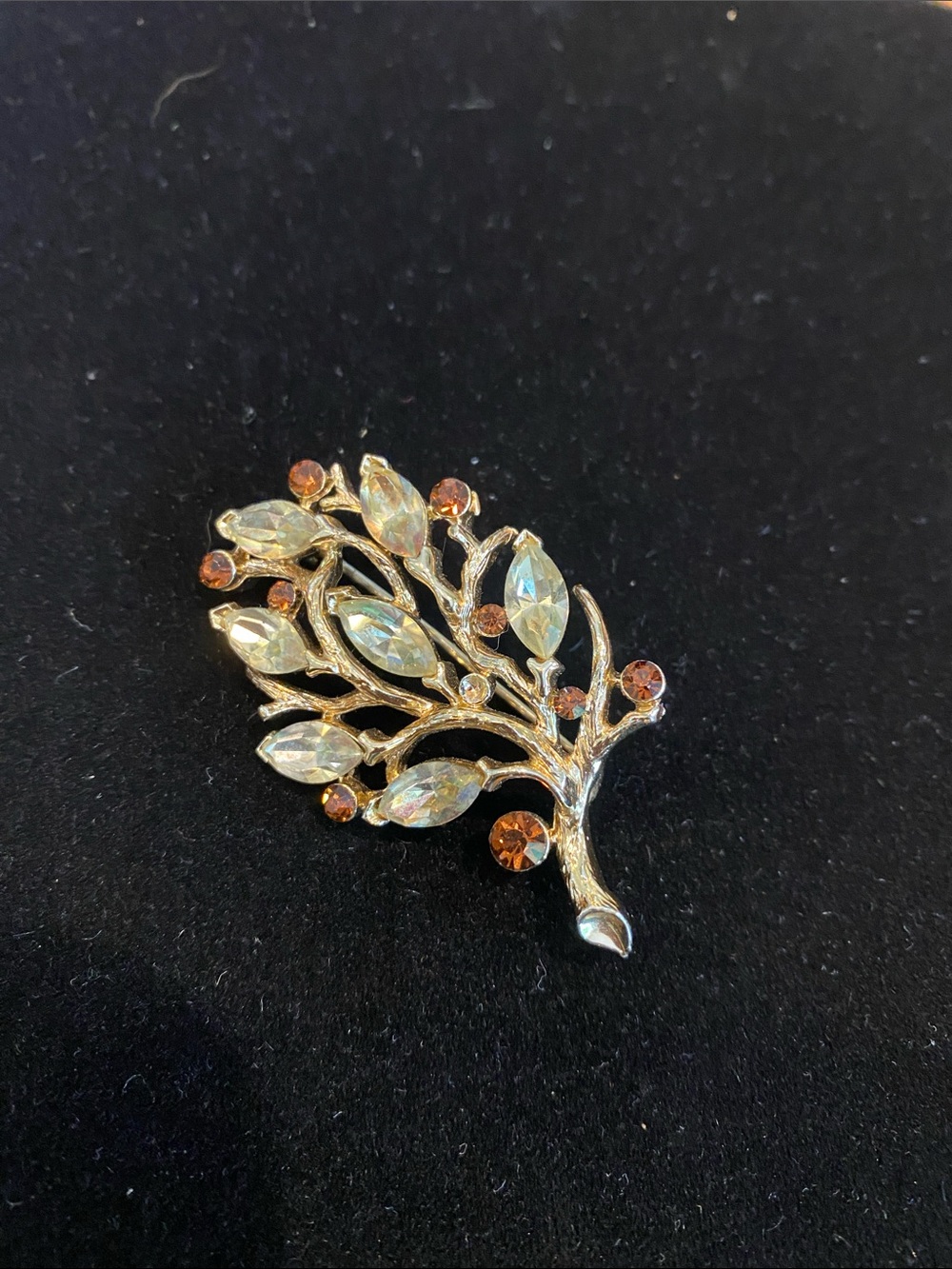 Gold-Tone Leaf Branch Brooch with Clear and Amber Stones